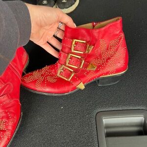 Chloe Red Susanna Studded Leather Ankle Boots